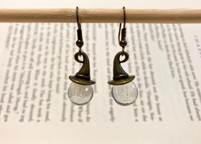 Wizard Witch Hat Earrings with Crystal Ball Antiqued Bronze - image2